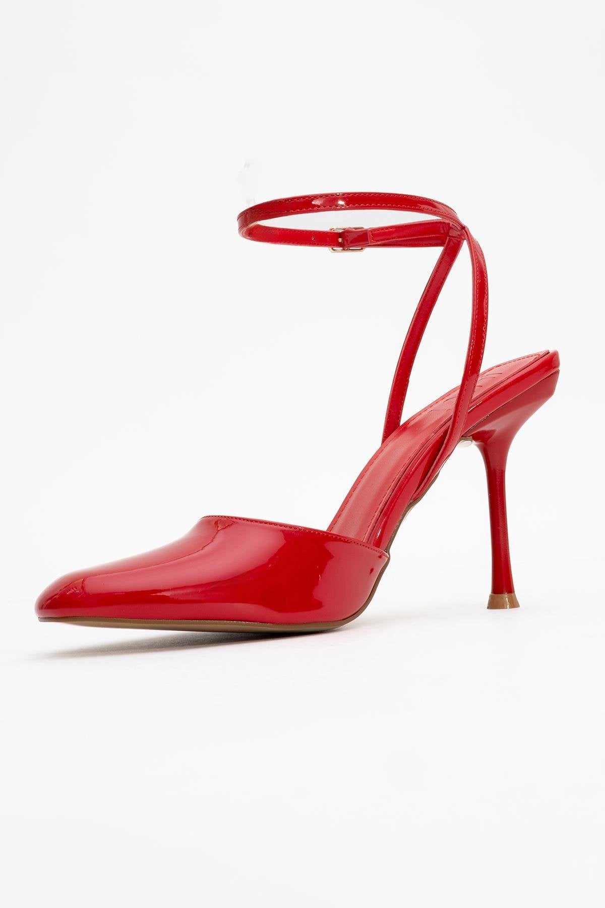 Blues - Zapatos de tacón con tira en el tobillo, puntera redonda y charol rojo (mujer)