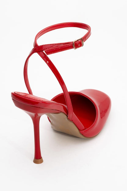 Blues - Zapatos de tacón con tira en el tobillo, puntera redonda y charol rojo (mujer)