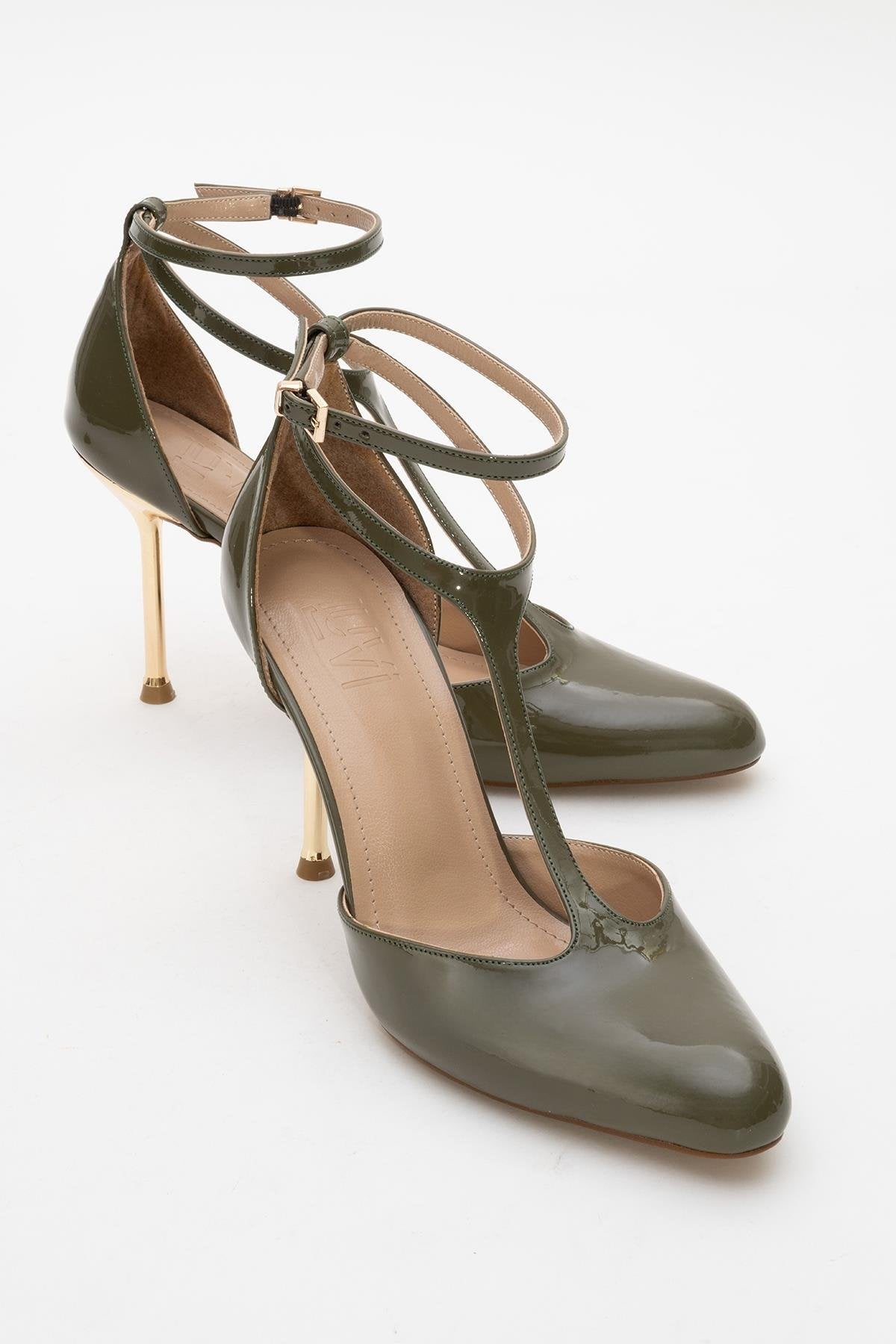 Jon - Zapatos de tacón T-Strap Khaki Patent (Mujer)