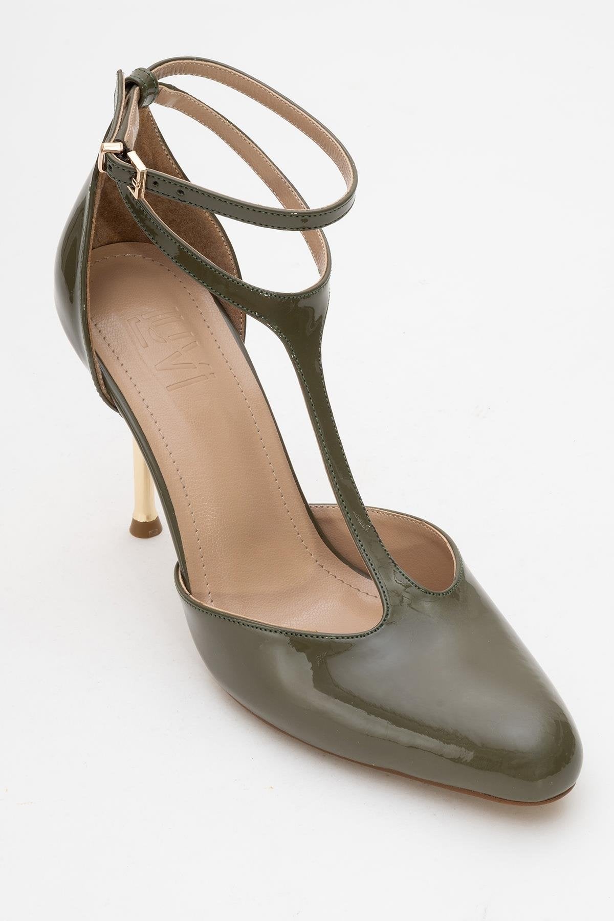 Jon - Zapatos de tacón T-Strap Khaki Patent (Mujer)