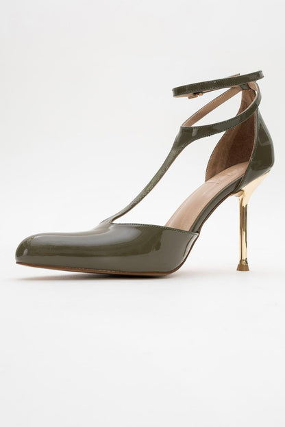Jon - Zapatos de tacón T-Strap Khaki Patent (Mujer)