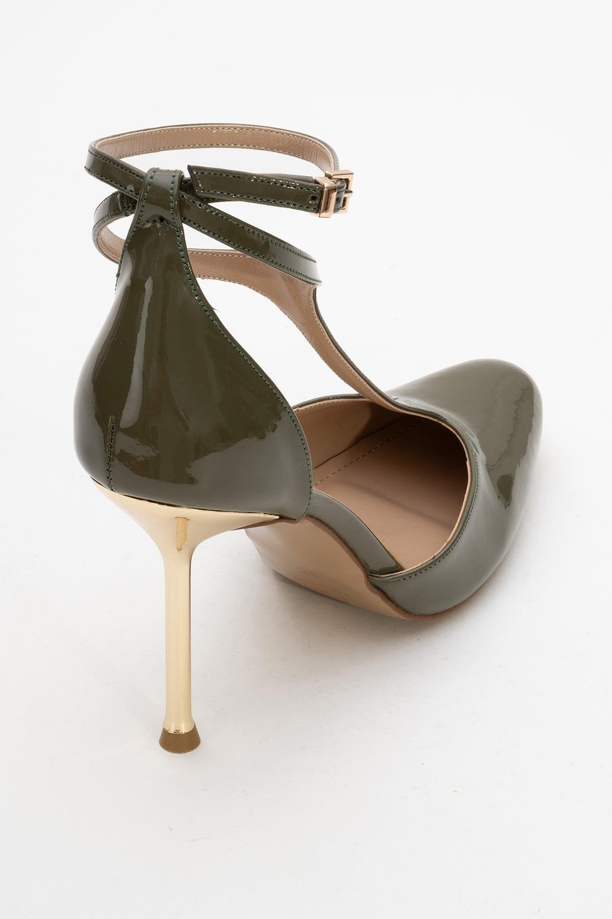 Jon - Zapatos de tacón T-Strap Khaki Patent (Mujer)