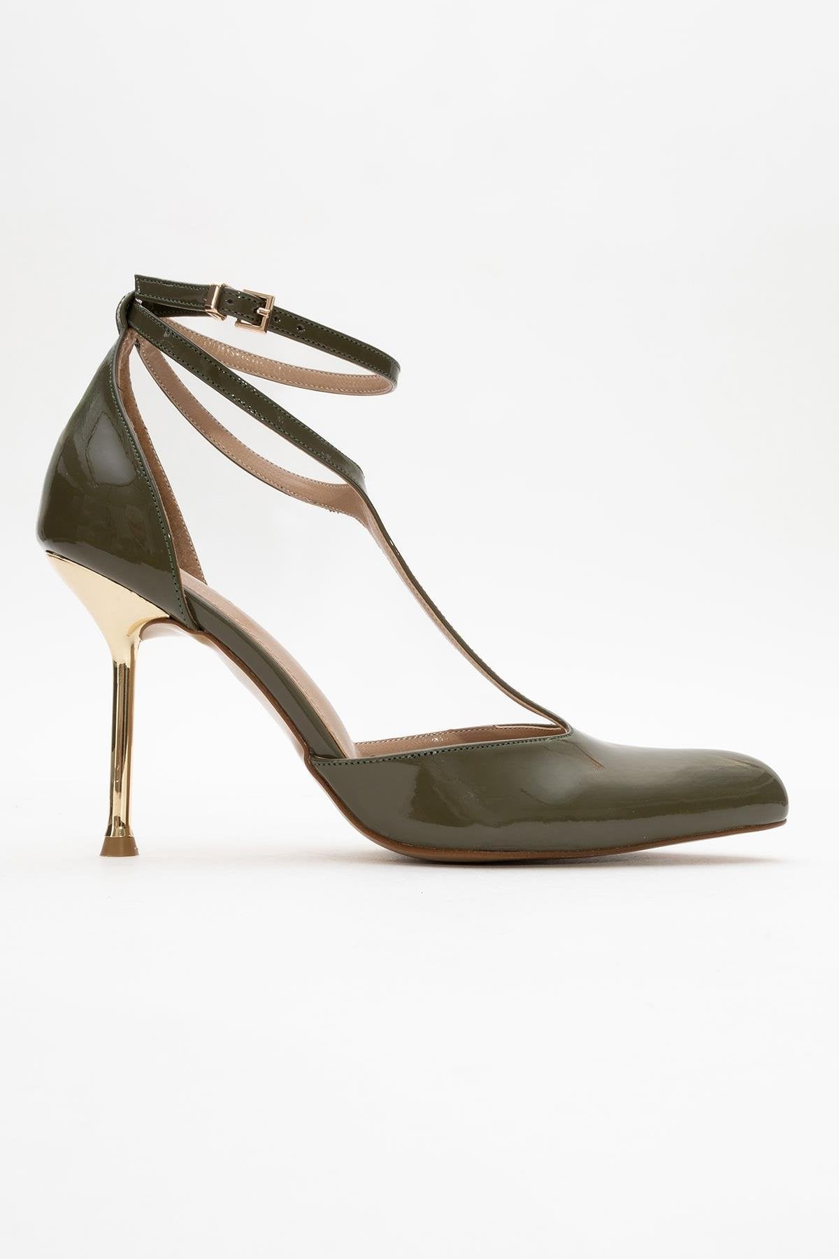 Jon - Zapatos de tacón T-Strap Khaki Patent (Mujer)