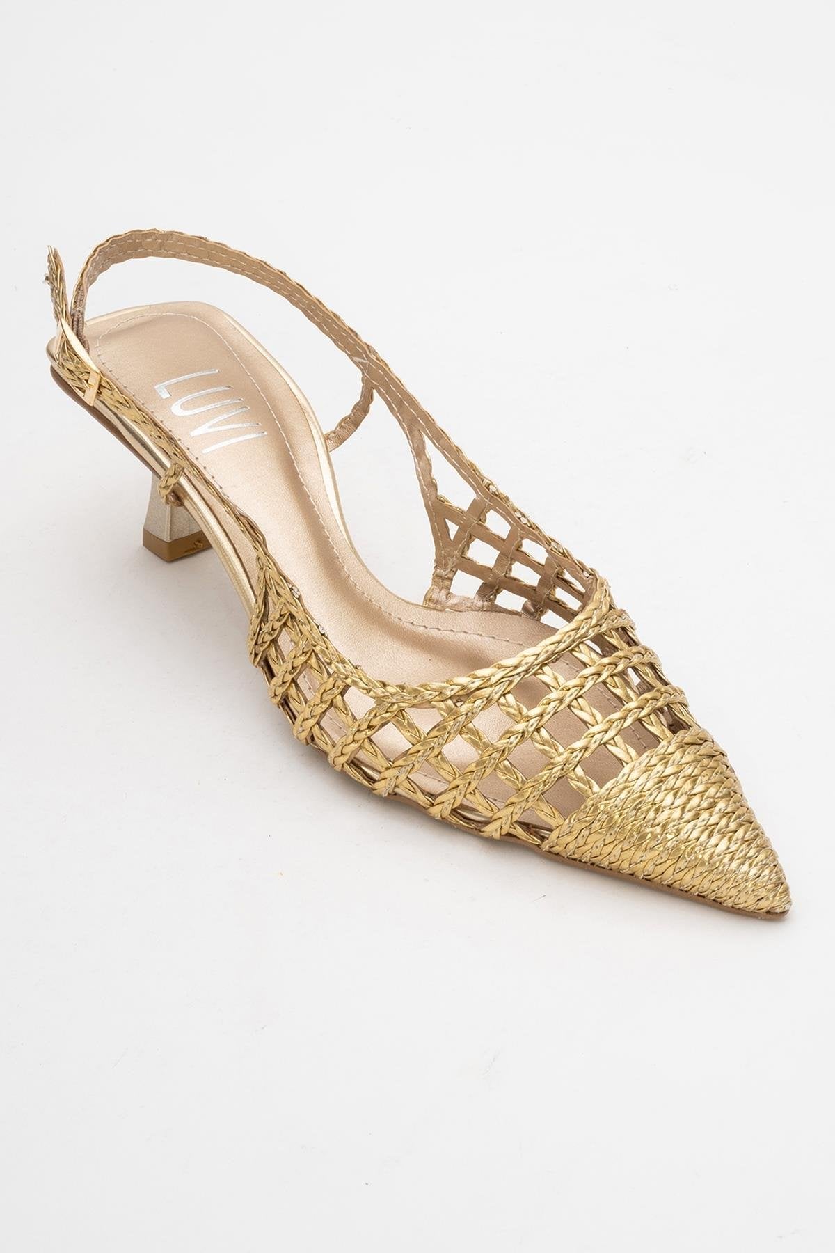 Heaven - Zapato destalonado con tacón bajo y tiras doradas de punto (Mujer)