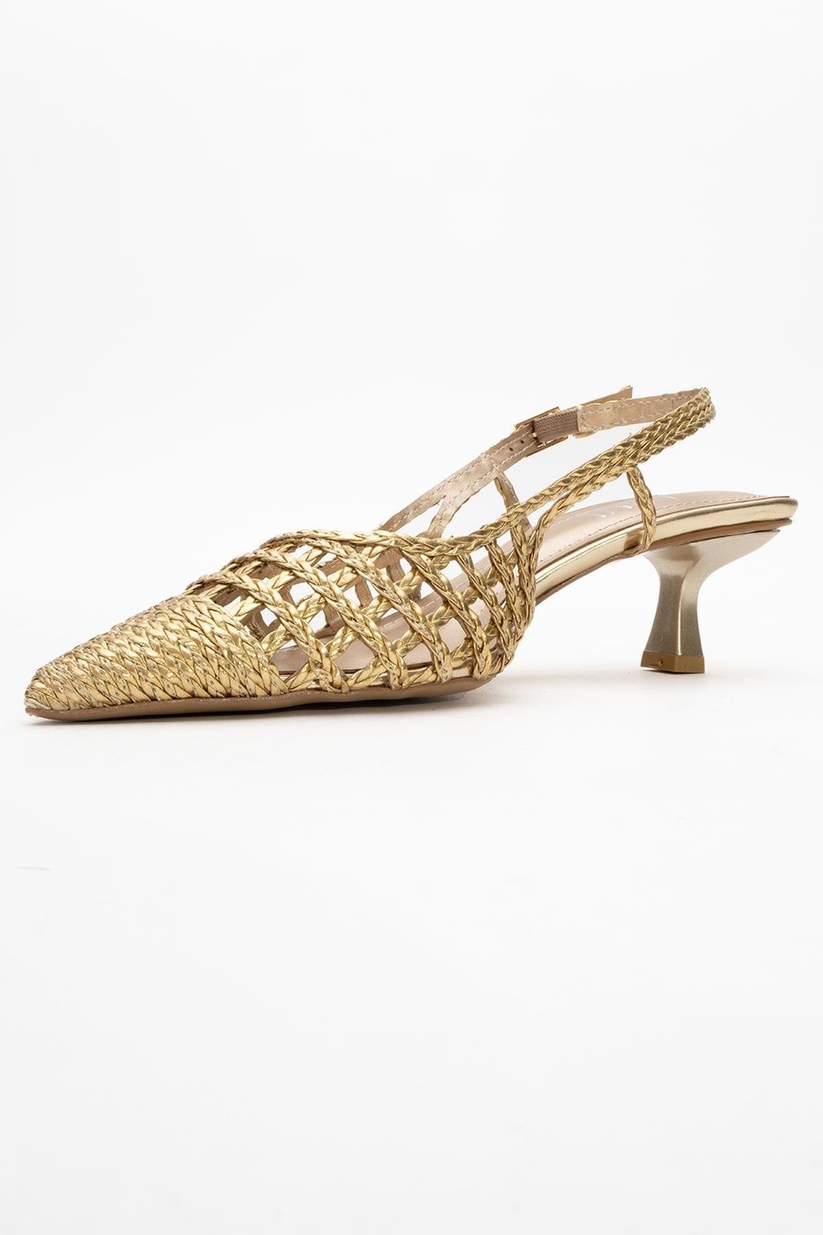 Heaven - Zapato destalonado con tacón bajo y tiras doradas de punto (Mujer)