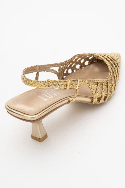 Heaven - Zapato destalonado con tacón bajo y tiras doradas de punto (Mujer)