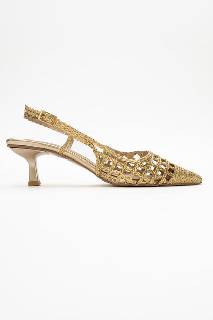 Heaven - Zapato destalonado con tacón bajo y tiras doradas de punto (Mujer)