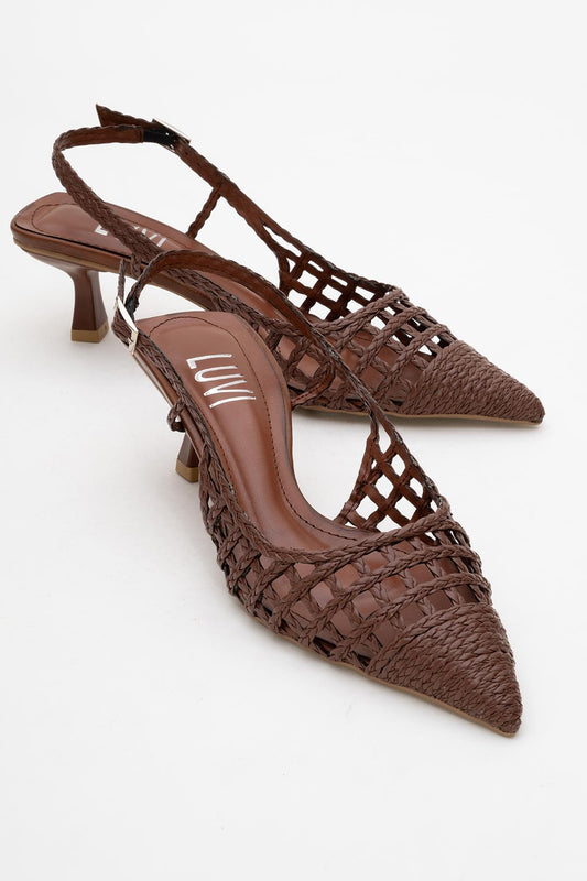 Heaven - Zapatilla de tacón bajo con lazo trasero de coñac oscuro (mujer)
