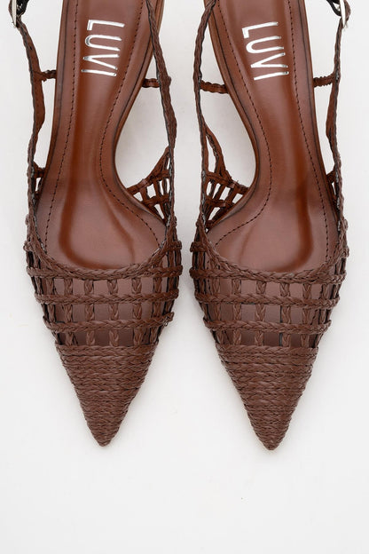 Heaven - Zapatilla de tacón bajo con lazo trasero de coñac oscuro (mujer)