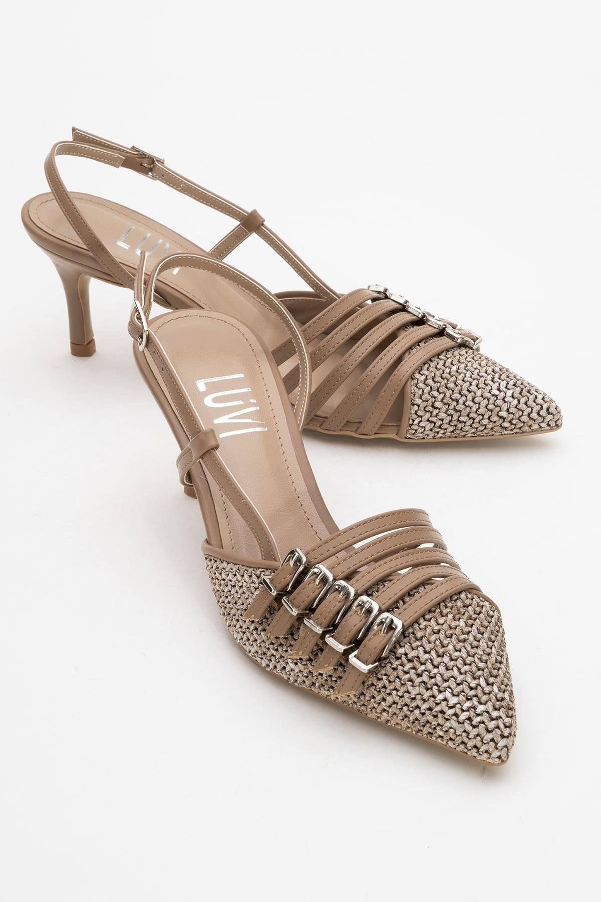 Zenith - Tacón de mujer destalonado con punta, color beige oscuro