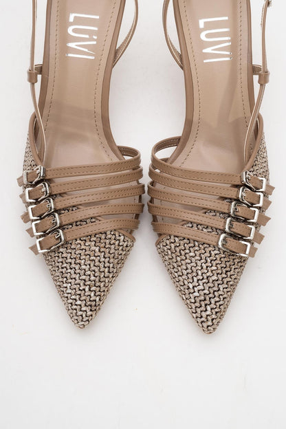 Zenith - Tacón de mujer destalonado con punta, color beige oscuro