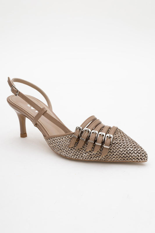 Zenith - Tacón de mujer destalonado con punta, color beige oscuro