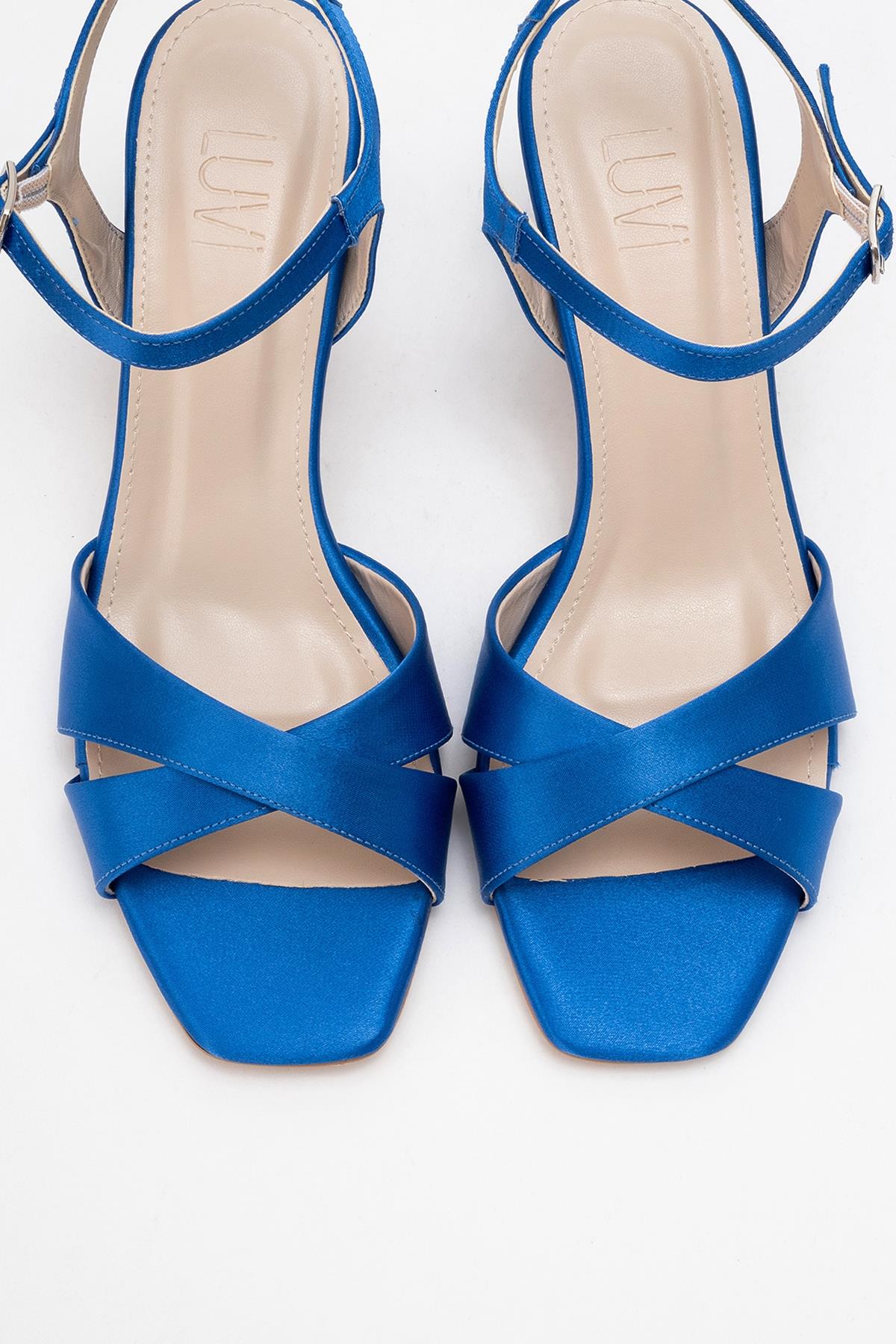 Melin - Sandalia de Tacón Stiletto con Tiras Cruzadas de Satén Azul (Mujer)