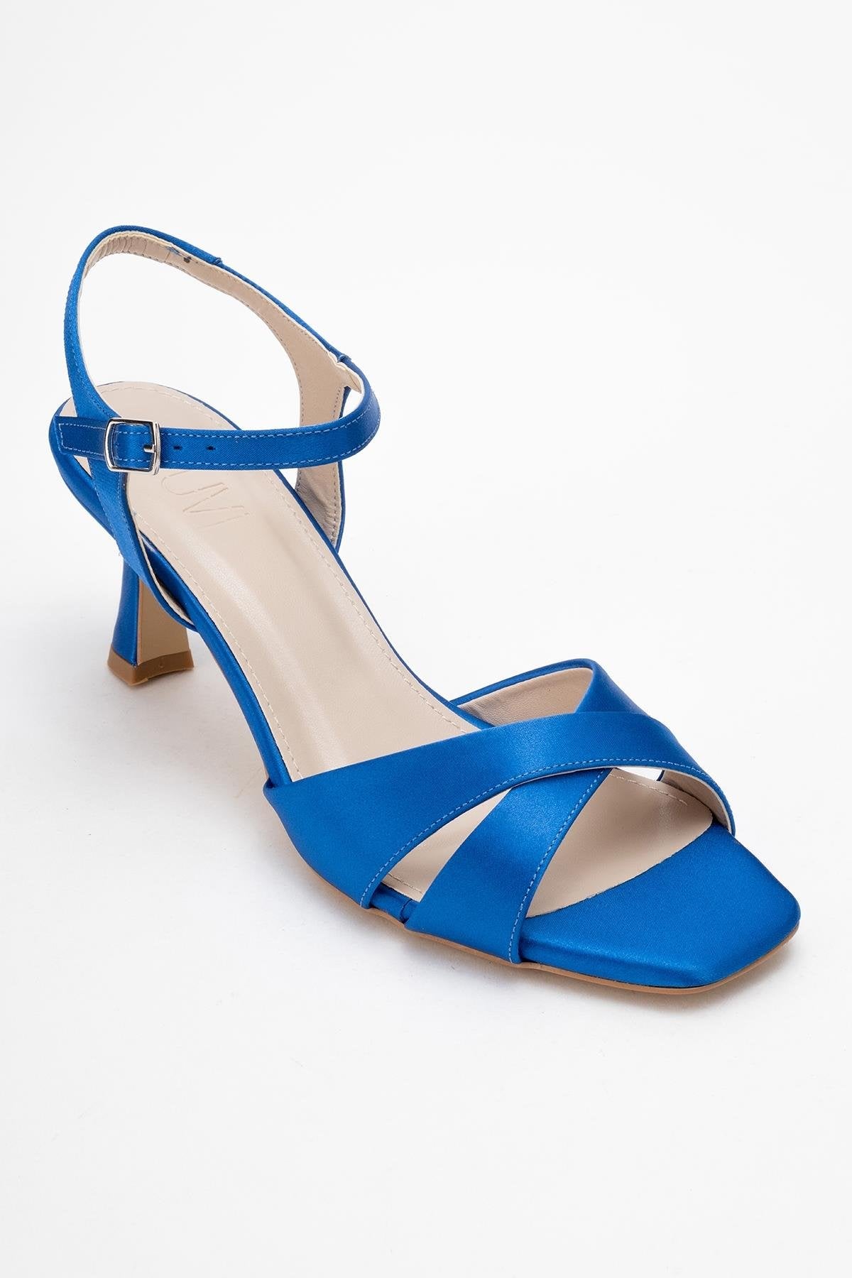 Melin - Sandalia de Tacón Stiletto con Tiras Cruzadas de Satén Azul (Mujer)