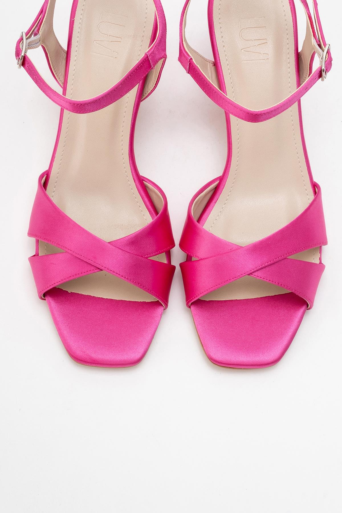 Melin - Sandalia de Tacón Stiletto con Tiras Cruzadas de Satén Fucsia (Mujer)