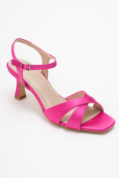 Melin - Sandalia de Tacón Stiletto con Tiras Cruzadas de Satén Fucsia (Mujer)