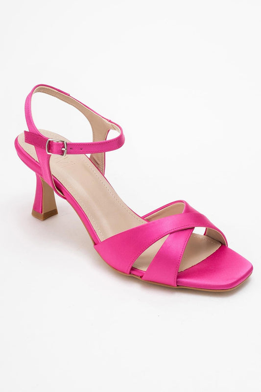 Melin - Sandalia de Tacón Stiletto con Tiras Cruzadas de Satén Fucsia (Mujer)