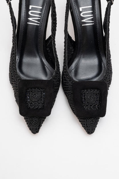 Ensley - Zapato de tacón de punto negro con hebilla y punta en pico (Mujer)