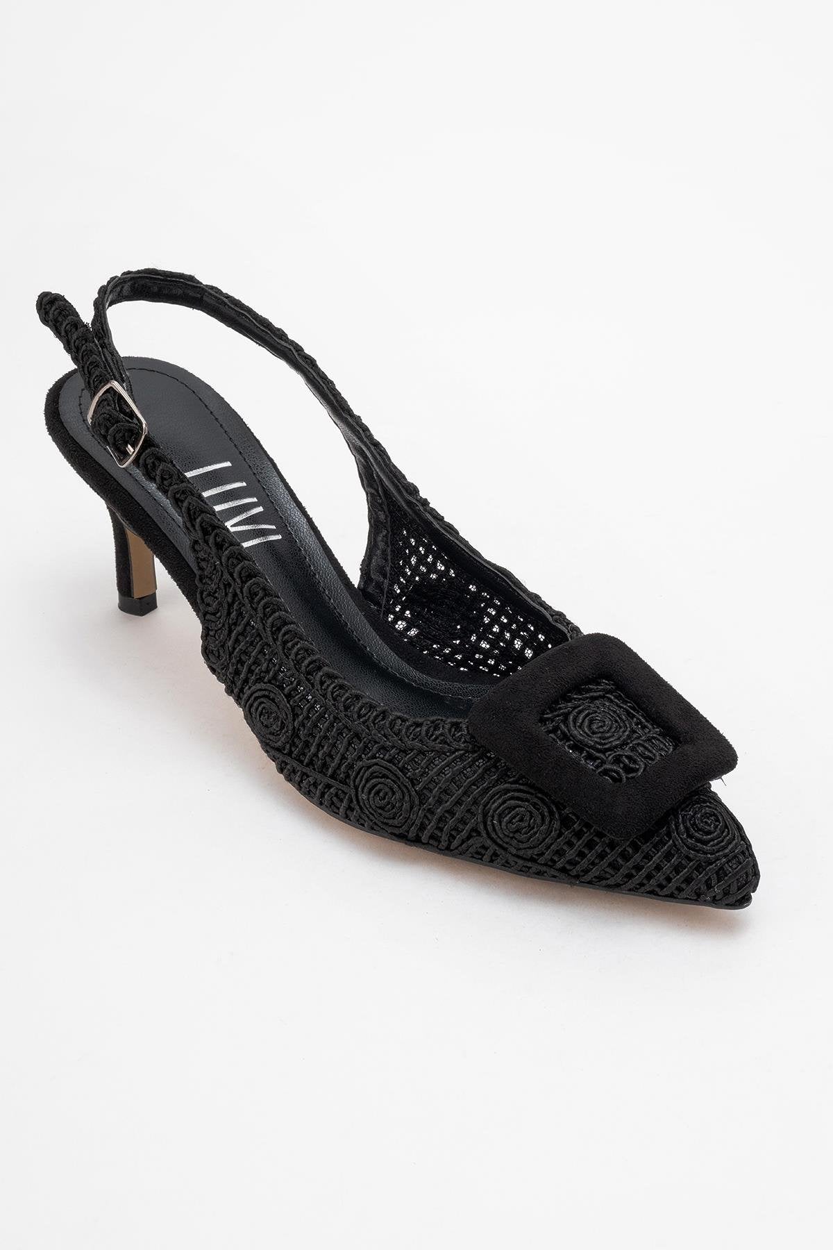 Ensley - Zapato de tacón de punto negro con hebilla y punta en pico (Mujer)