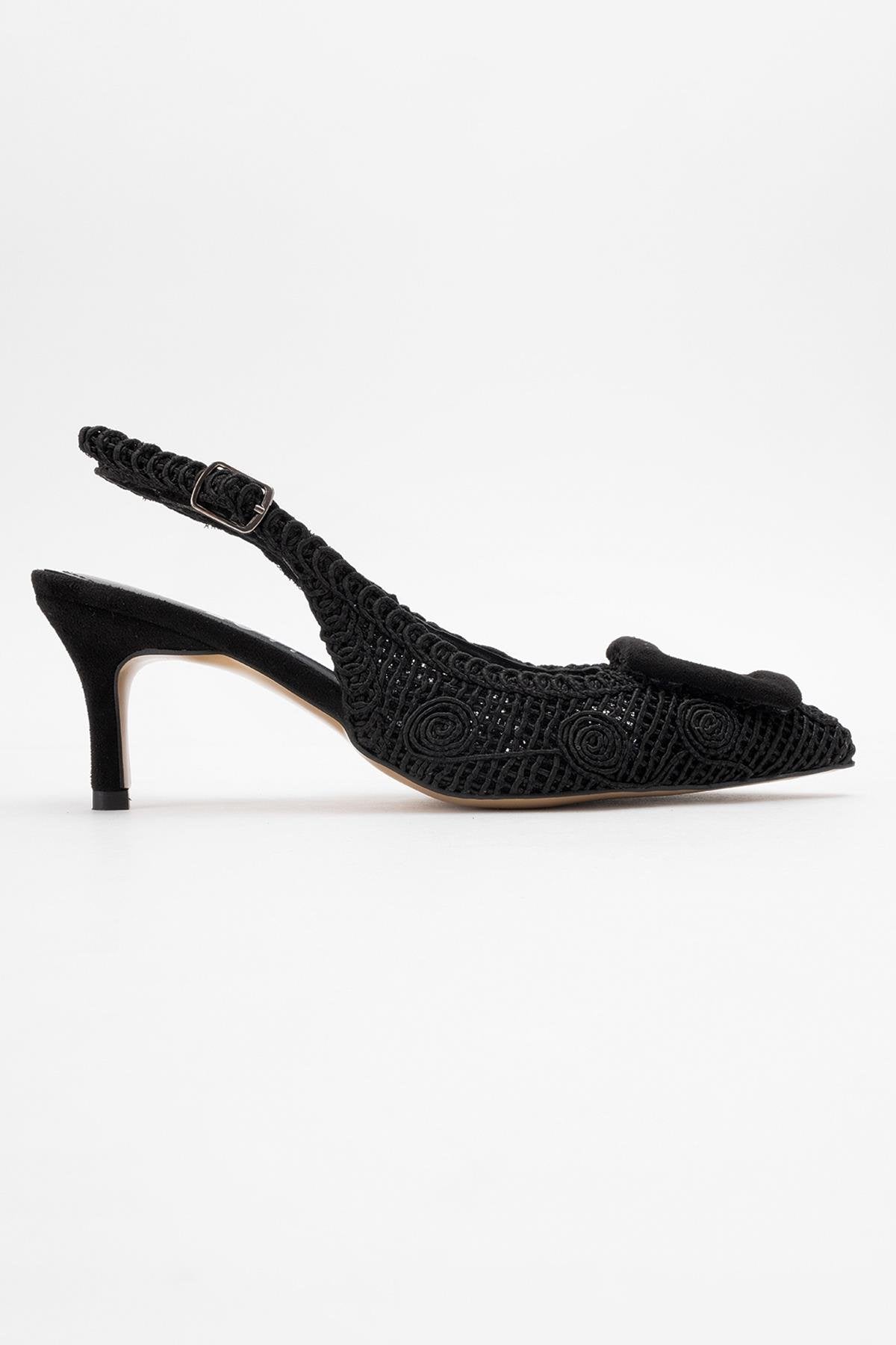 Ensley - Zapato de tacón de punto negro con hebilla y punta en pico (Mujer)
