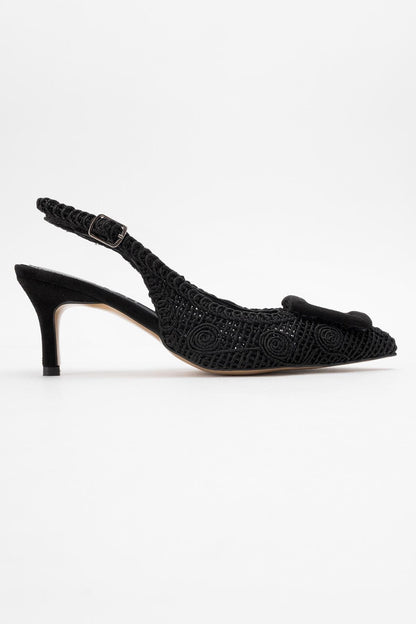 Ensley - Zapato de tacón de punto negro con hebilla y punta en pico (Mujer)
