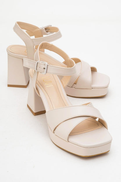 Lisbon - Sandalia de Tacón Cuadrado con Plataforma Beige (Mujer)