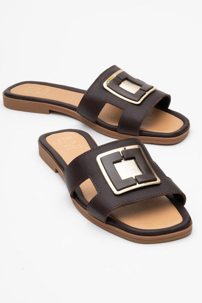 Millie - Brown Genuine Leather Buckle Mule (Women)