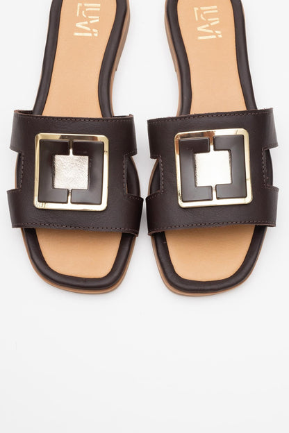 Millie - Brown Genuine Leather Buckle Mule (Women)