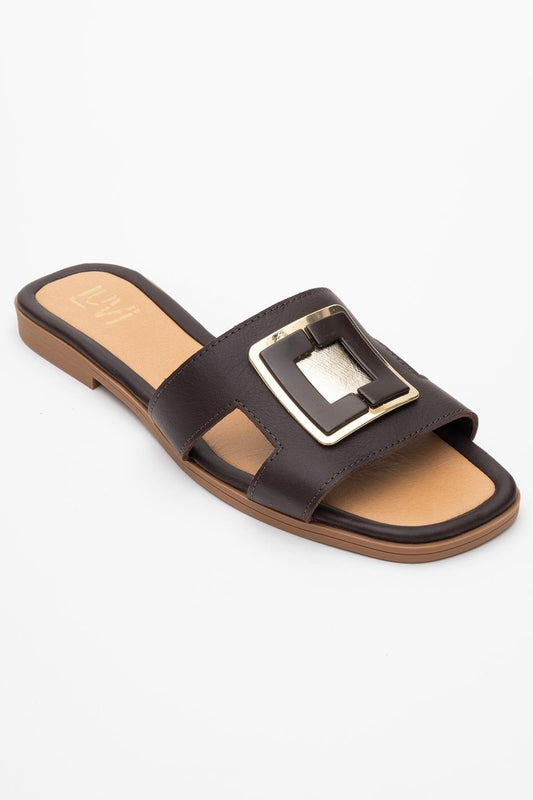 Millie - Brown Genuine Leather Buckle Mule (Women)
