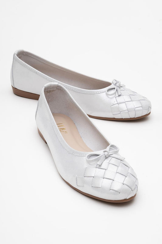 03 - Bailarina plana de piel auténtica blanca con purpurina (Mujer)