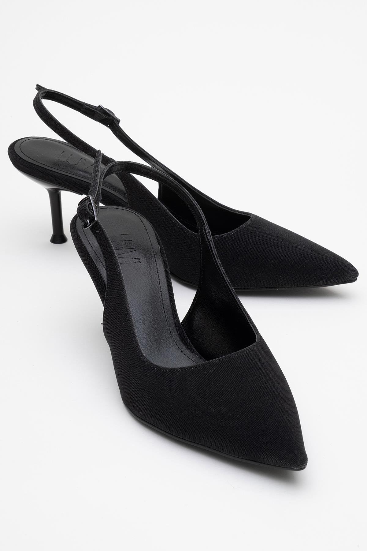 Caisa - Zapatos de tacón en purpurina negra con puntera afilada y tira en el talón (Mujer)