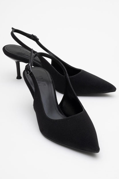 Caisa - Zapatos de tacón en purpurina negra con puntera afilada y tira en el talón (Mujer)