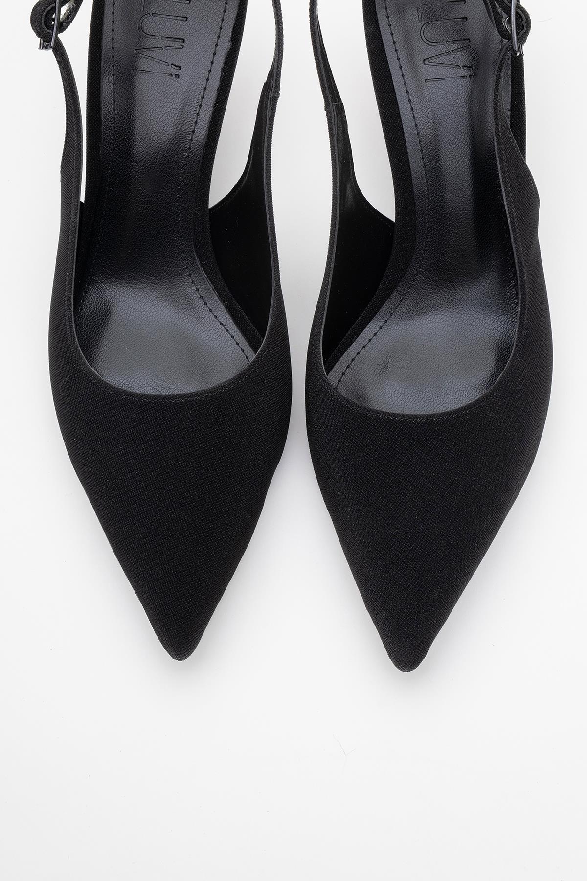 Caisa - Zapatos de tacón en purpurina negra con puntera afilada y tira en el talón (Mujer)