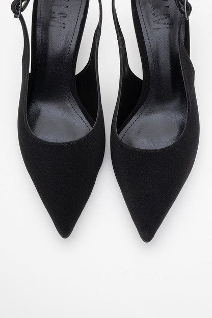 Caisa - Zapatos de tacón en purpurina negra con puntera afilada y tira en el talón (Mujer)