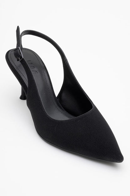 Caisa - Zapatos de tacón en purpurina negra con puntera afilada y tira en el talón (Mujer)