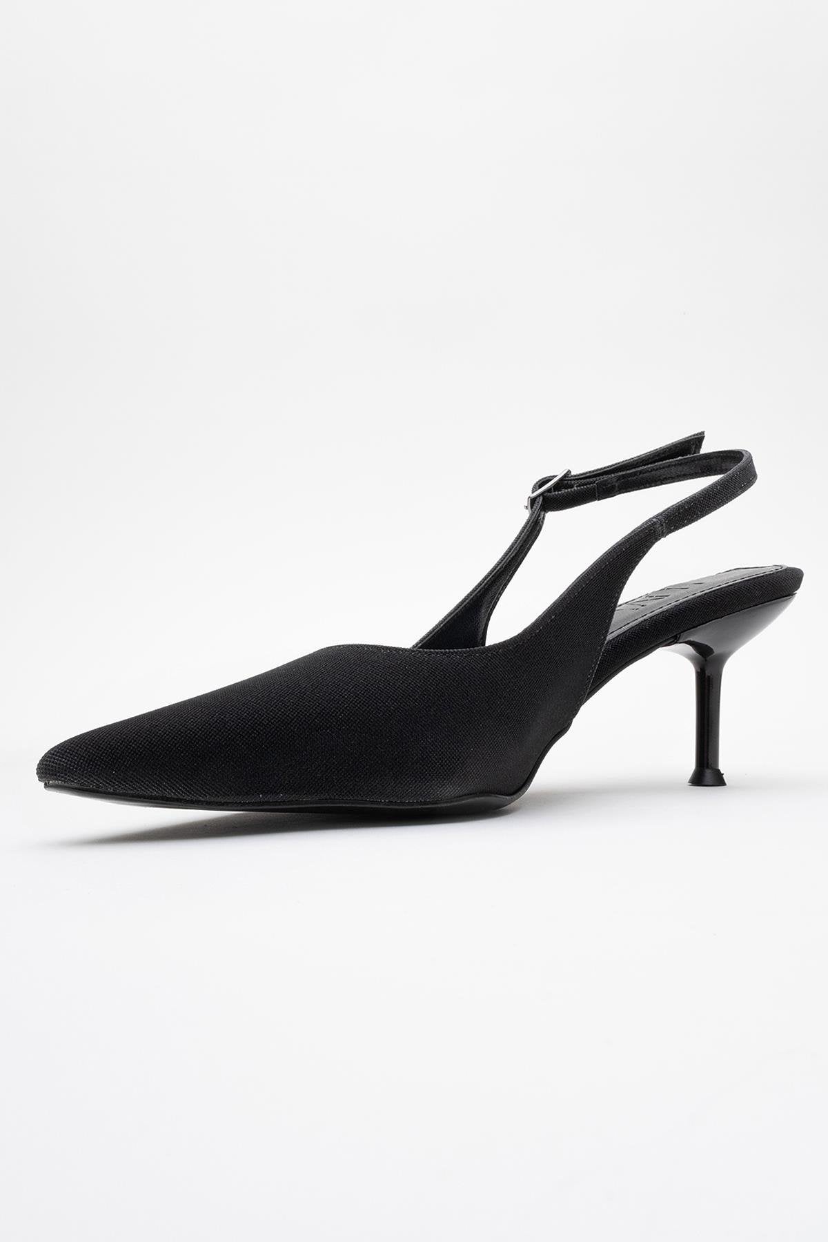 Caisa - Zapatos de tacón en purpurina negra con puntera afilada y tira en el talón (Mujer)