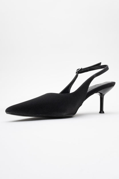 Caisa - Zapatos de tacón en purpurina negra con puntera afilada y tira en el talón (Mujer)