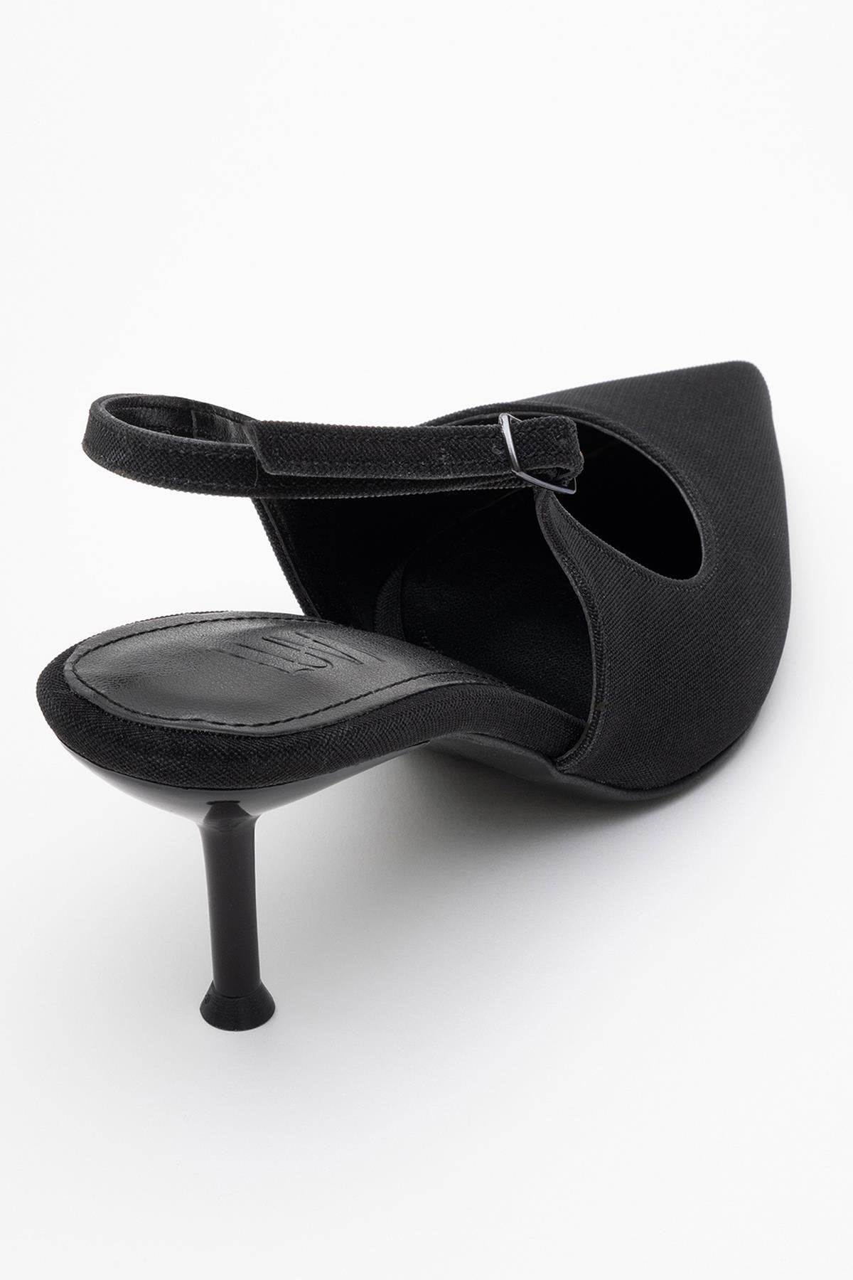 Caisa - Zapatos de tacón en purpurina negra con puntera afilada y tira en el talón (Mujer)