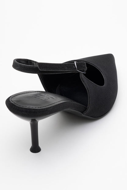 Caisa - Zapatos de tacón en purpurina negra con puntera afilada y tira en el talón (Mujer)