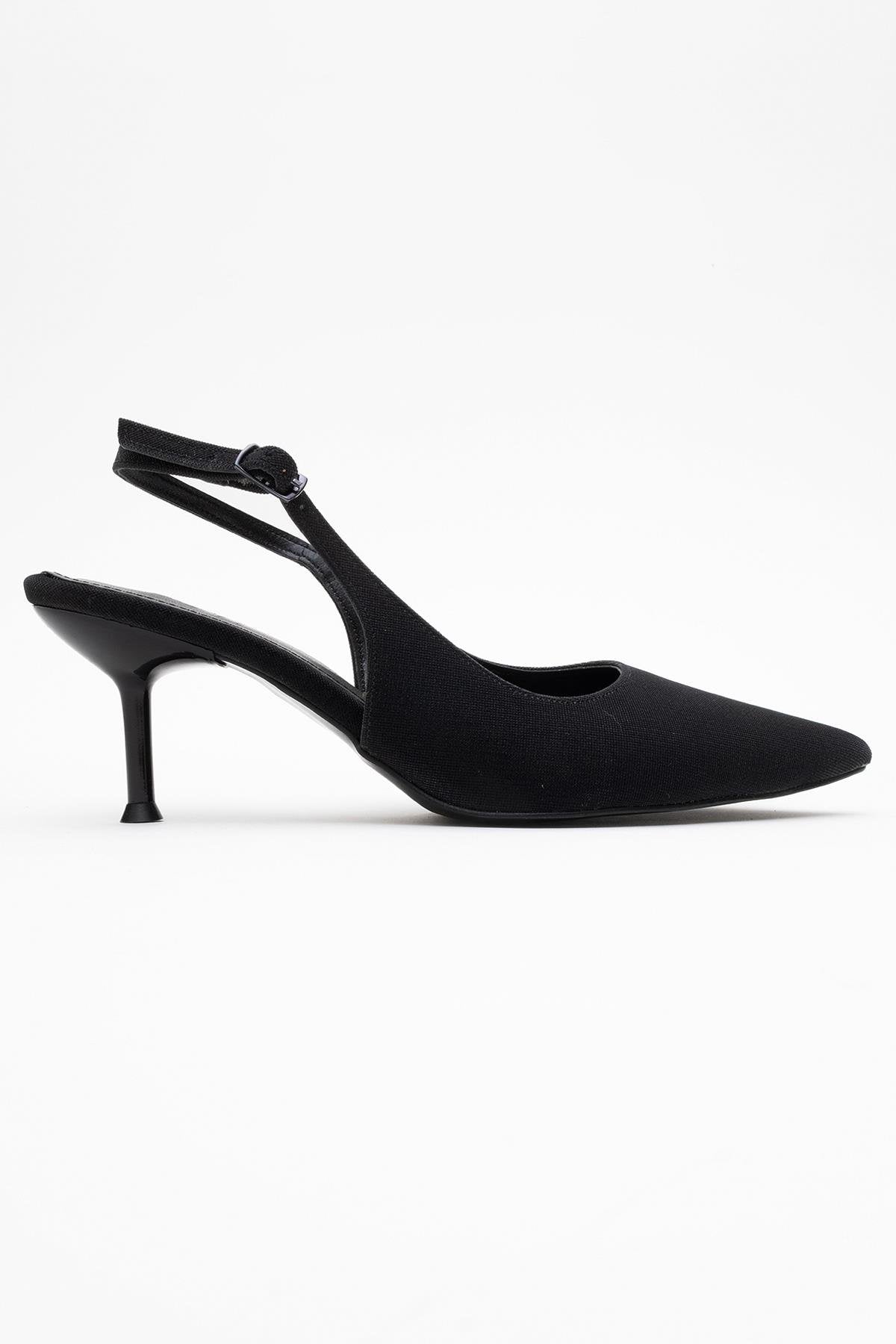 Caisa - Zapatos de tacón en purpurina negra con puntera afilada y tira en el talón (Mujer)