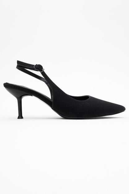 Caisa - Zapatos de tacón en purpurina negra con puntera afilada y tira en el talón (Mujer)