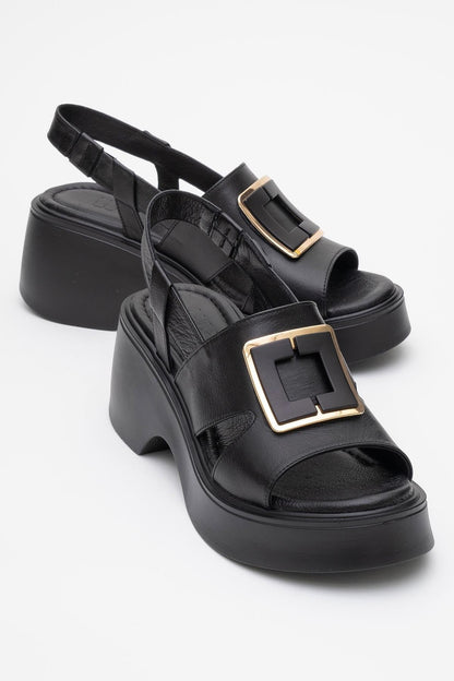 Lucia - Sandalias de plataforma con hebilla de piel negra (Mujer)
