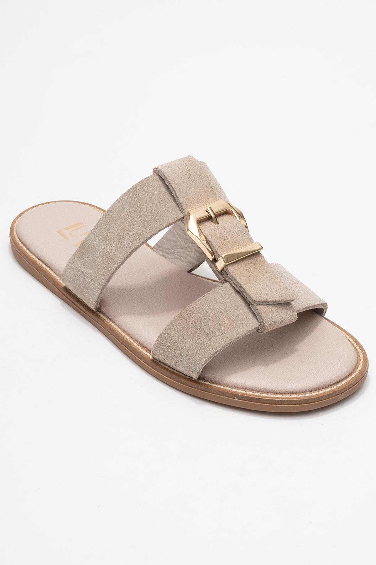 Sveta - Sandalia de Cuero Ante Color Beige con Hebilla (Mujer)
