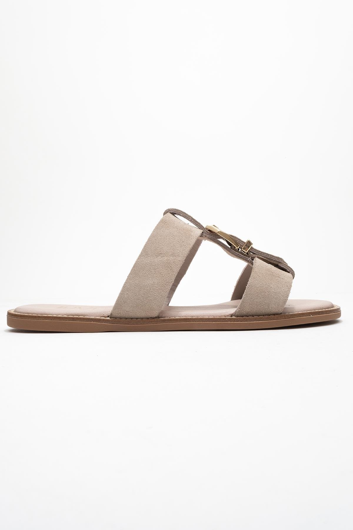 Sveta - Sandalia de Cuero Ante Color Beige con Hebilla (Mujer)