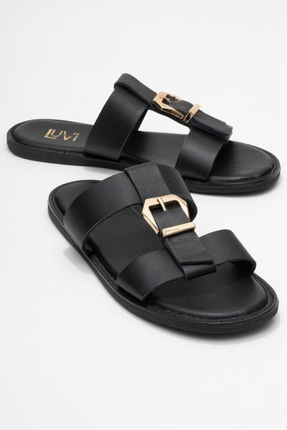 Sveta - Black Leather Buckled Sandal (Women)