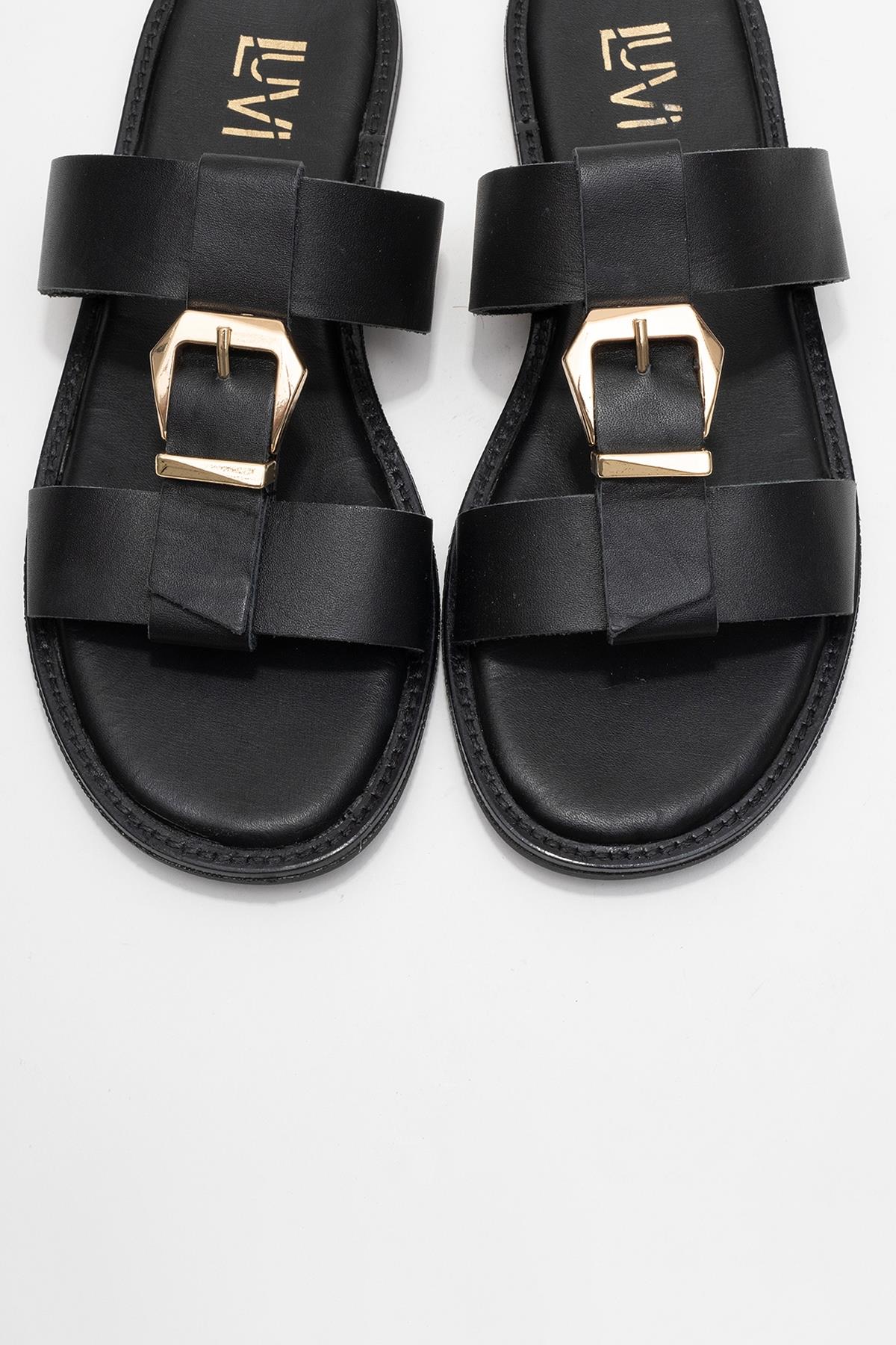 Sveta - Black Leather Buckled Sandal (Women)