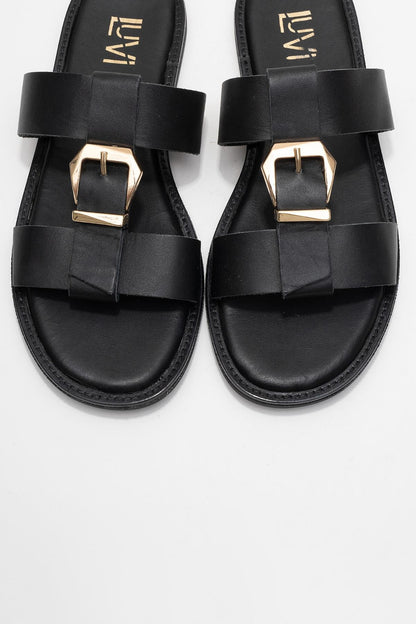Sveta - Black Leather Buckled Sandal (Women)