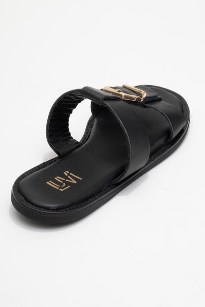 Sveta - Black Leather Buckled Sandal (Women)