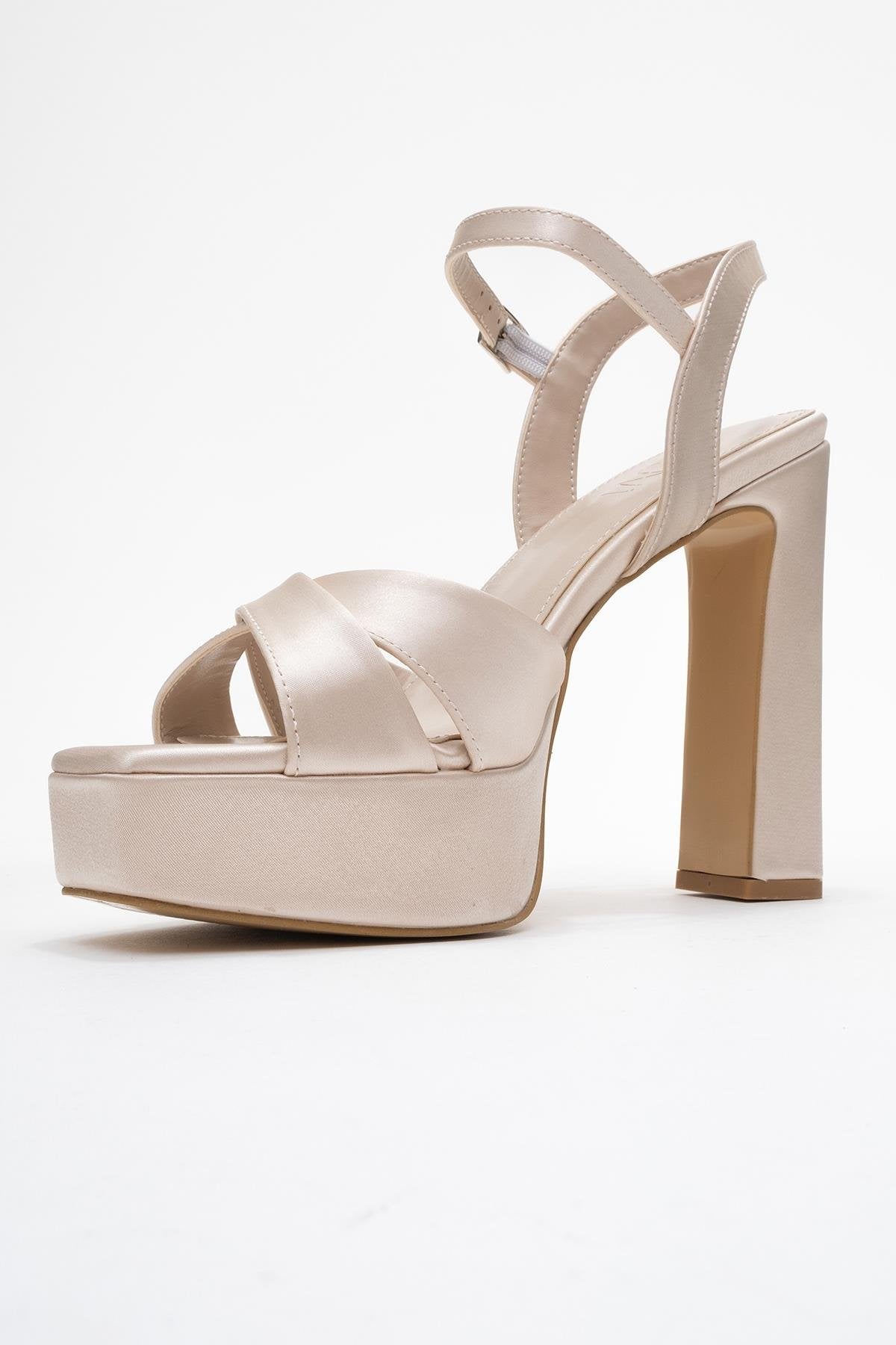 Yulia - Sandalia de Tacón con Plataforma y Tiras Cruzadas de Satén Beige (Mujer)