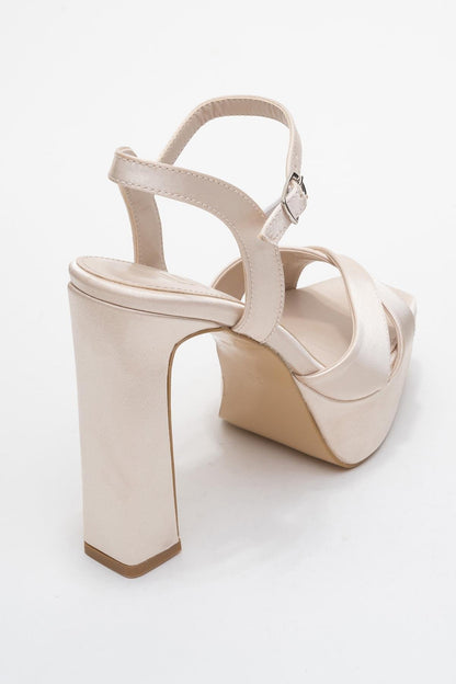 Yulia - Sandalia de Tacón con Plataforma y Tiras Cruzadas de Satén Beige (Mujer)